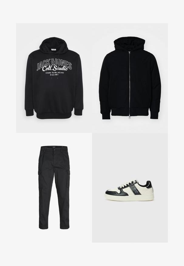 Giacca nera con cappuccio, dotata di zip frontale, tasca a marsupio, polsini e orlo a coste, esposta su uno sfondo bianco semplice.; Felpa nera con cappuccio regolabile e polsini a costine. Presenta il logo testuale bianco "JACK & JONES Coll. Studio" centrato sulla parte anteriore.; Pantaloni cargo neri realizzati in un tessuto resistente, dotati di molteplici tasche, chiusura con bottone e un design aderente con gambe affusolate.; Sneakers in pelle con una combinazione di colori nero e crema, dotati di dettagli perforati, collare imbottito e suola testurizzata.