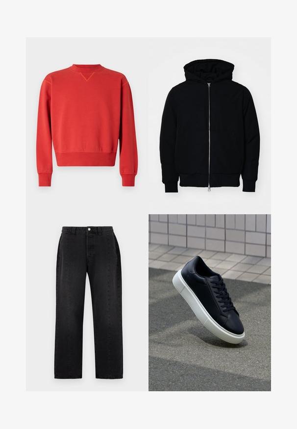 Black hooded jacket with front zipper, kangaroo pocket, ribbed cuffs, and hem, displayed on a plain white background.; Red sweatshirt with a round neckline and long sleeves. Smooth texture, ribbed cuffs and hem, featuring a subtle V-stitch detail at the collar.; Black denim jeans with a straight-leg design. Features a button closure, belt loops, and two side pockets. Smooth texture, no visible patterns.; Black leather sneaker with rounded toe and white rubber sole. Features flat laces and minimal stitching on the upper. Textured sole for grip.