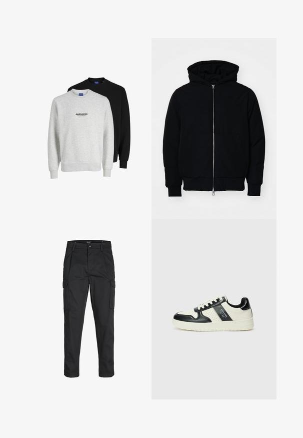 Black hooded jacket with front zipper, kangaroo pocket, ribbed cuffs, and hem, displayed on a plain white background.; Two sweatshirts from Jack & Jones: one light gray with a logo, the other black. Both feature round necklines and ribbed cuffs.; Black cargo pants made of sturdy fabric, featuring multiple pockets, a button closure, and a slim fit design with tapered legs.; Leather sneakers with a black and cream color scheme, featuring perforated accents, a padded collar, and a textured outsole.
