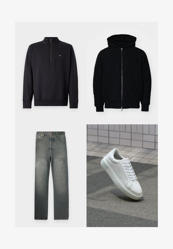 Chaqueta negra con capucha, cierre frontal, bolsillo tipo canguro, y puños y dobladillo acanalados, exhibida sobre un fondo blanco liso.; Sudadera negra con un cuello alto y una cremallera de cuarto. Presenta mangas largas y un logo sutil en el pecho. Textura de tela suave.; Jack & Jones JJIALEX JJCOOPER - Vaqueros baggy - black denim; Zapatilla de cuero blanca con una superficie lisa, punta redonda y cordones blancos planos. Presenta una suela de goma texturizada y elementos de diseño mínimos.