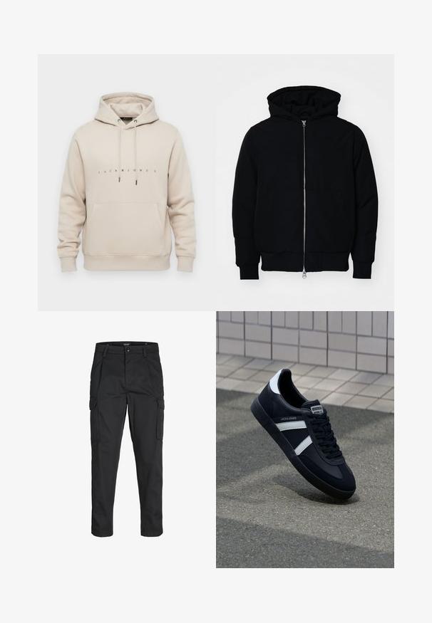 Czarna kurtka z kapturem, z suwakiem z przodu, kieszenią kangurką, ściągaczami przy mankietach i dolnym brzegu, prezentowana na jednolitym białym tle.; Beżowa bluza z kapturem z kieszenią z przodu, sznurkiem przy kapturze oraz napisem "JACK & JONES" wydrukowanym małymi czarnymi literami na klatce piersiowej.; Czarne spodnie cargo wykonane z wytrzymałego materiału, z wieloma kieszeniami, zapięciem na guzik oraz zwężanym krojem nogawek.; Czarne skórzane sneakersy z białymi paskami, teksturowana gumowa podeszwa i sznurowane z przodu. Posiadają metkę marki na języku.