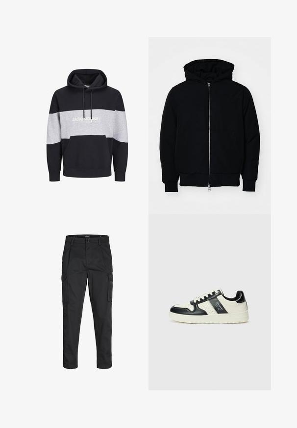 Veste à capuche noire avec fermeture éclair sur le devant, poche kangourou, poignets et ourlet côtelés, présentée sur un fond blanc uni.; Hoodie color block bleu marine et gris en coton, doté d'une poche kangourou et d'un imprimé logo sur la poitrine. Texture douce et poignets côtelés.; Pantalons cargo noirs en tissu résistant, dotés de plusieurs poches, d'une fermeture par bouton et d'une coupe slim avec des jambes fuselées.; Baskets en cuir avec un schéma de couleurs noir et crème, dotées d'accents perforés, d'un col rembourré et d'une semelle texturée.