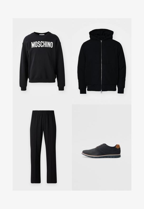 Svart hettejakke med frontglidelås, kengurulomme, ribbestrikket mansjetter og søm, vist på en ensfarget hvit bakgrunn.; Svart sweatshirt laget av mykt stoff med rund halslinning og ribbede mansjetter. Fremtredende hvit "MOSCHINO" logo over brystet.; Svart, elastisk midjebukser med rett ben-design, med en glatt tekstur og uten synlige mønstre eller maskinvare.; Sorte syntetiske sko med en teksturert overdel, glatte detaljer, brun hæl og en kontrastfarge på sålen. Har minimalt snøring og sømdetaljer.
