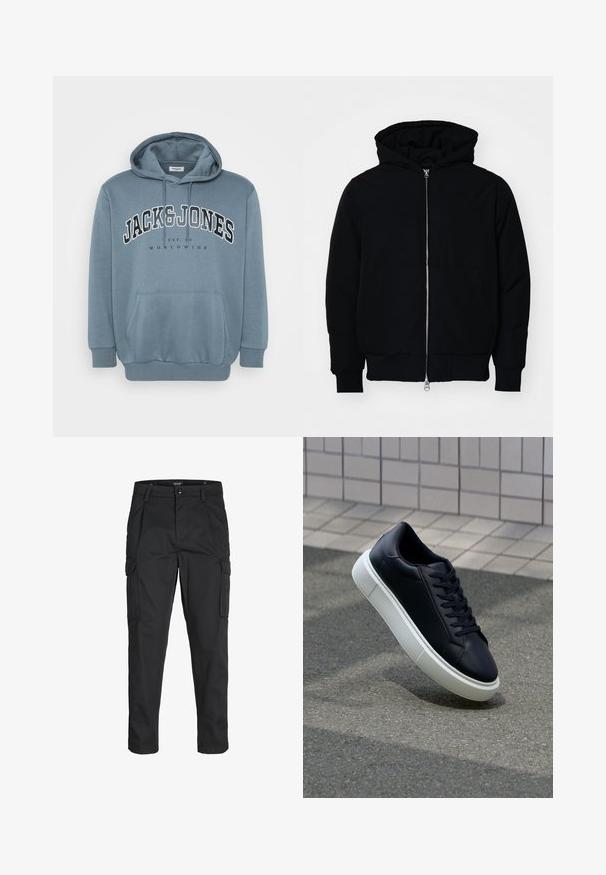 Zwarte hoodie met rits aan de voorkant, kangoeroe-pocket, geribbelde manchetten en zoom, weergegeven op een effen witte achtergrond.; Blauwe hoodie van zachte stof met een voorkantzak, een capuchon met koord en grote tekstprint met de tekst "JACK & JONES WORLDWIDE."; Zwarte cargobroek van stevig stof, met meerdere zakken, een knoopsluiting en een slim fit ontwerp met taps toelopende benen.; Zwarte leren sneaker met een ronde neus en een witte rubberen zool. Voorzien van platte veters en minimale stiksels op het bovenwerk. Textuurrijke zool voor grip.