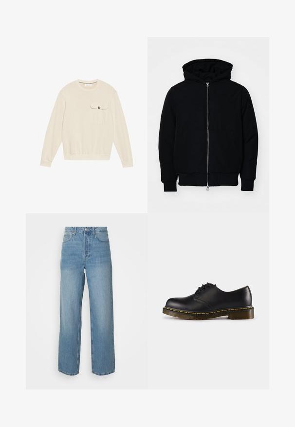 Mustaga kapuutsiga jakk, millel on esineed, kenguru tasku, soonikkoes, ja alläär, esitatud lihtsal valgel taustal.; Kreemivärvi särk, millel on ümar kaelus, pikad varrukad, soonikkoes mansetid, kitsas vöökoht ja ees rinna tasku nupuga.; Kõrgeltistetud helesinised teksad sirgete jalgadega, ees nööbiga kinnitamine ja viie-tasku stiil pluusil taustal.; Musta nahkne saabas ümarate varvastega, nööridega kinnise disainiga, kollase õmblusega tallal ja paksu, tekstuurse kummist tallaga.