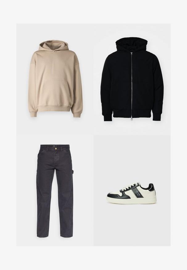 Zwarte hoodie met rits aan de voorkant, kangoeroe-pocket, geribbelde manchetten en zoom, weergegeven op een effen witte achtergrond.; Beige capuchon sweatshirt, zachte stof, losse pasvorm, kangoeroezak, ribgebreide manchetten en zoom, minimalistisch ontwerp, gladde textuur.; Donkergrijze cargobroek van duurzaam materiaal, met een rechte pijp, vijf zakken en een knoopsluiting in de taille.; Leren sneakers met een zwart en crèmekleurig kleurenschema, voorzien van geperforeerde accenten, een gevoerde kraag en een gestructureerde buitenzool.