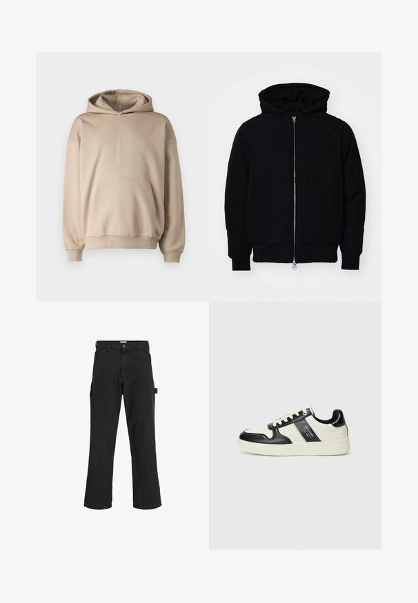 Čierna kapucňová bunda s predným zipsom, klokaními vreckami, rebrovanými manžetami a lemom, zobrazená na bielom pozadí.; Bežová mikina s kapucňou, mäkká tkanina, voľný strih, klokania kapsa, rebrované manžety a lem, minimalistický dizajn, hladká textura.; Čierne cargo nohavice z bavlnenej zmesi. Majú široké nohy, predné šikmé vrecká a bočné vrecko s očkom na doplnky.; Kožené tenisky v čierno-krémovej farbe, s perforovanými akcentmi, polstrovaným golierom a štruktúrovanou podrážkou.