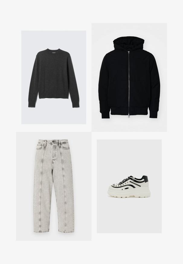 Veste à capuche noire avec fermeture éclair sur le devant, poche kangourou, poignets et ourlet côtelés, présentée sur un fond blanc uni.; Pull en tricot gris foncé avec un col rond, des poignets et un ourlet côtelés. Le tissu a une texture lisse et présente un design à coupe décontractée.; Jean grise taille haute avec une coupe ample, présentant un design à jambe droite, des coutures visibles et une texture usée.; Sneaker chunky avec des matériaux synthétiques blancs et noirs, ornée de pics en argent sur le bout et d'une épaisse semelle blanche avec un profil texturé.