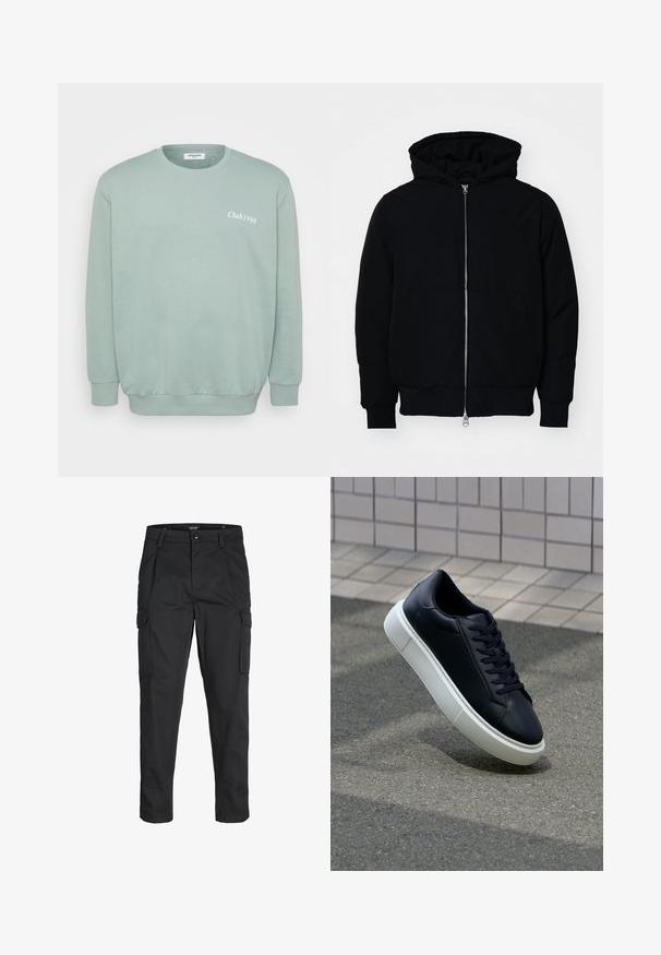 Schwarze Kapuzenjacke mit Frontreißverschluss, Kängurutasche, gerippten Bündchen und Saum, auf einem schlichten weißen Hintergrund präsentiert.; Mintgrüner Crewneck-Sweatshirt aus weichem Baumwollmix. Mit gerippten Bündchen und Saum, mit "Club1990" in Weiß auf der Vorderseite bedruckt.; Schwarze Cargo-Hose aus robustem Material, mit mehreren Taschen, einem Knopfverschluss und einem Slim-Fit-Design mit schmal zulaufenden Beinen.; Schwarze Leder-Sneaker mit runder Zehenpartie und weißer Gummisohle. Verfügt über flache Schnürsenkel und minimale Nähte im Obermaterial. Strukturiertes Sohlenprofil für besseren Halt.
