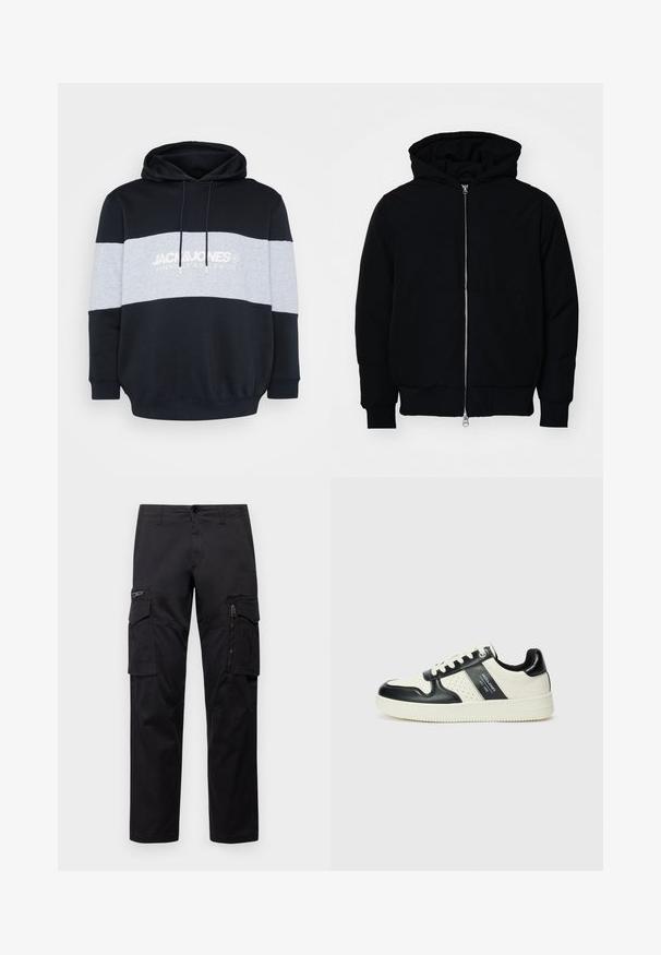 Veste à capuche noire avec fermeture éclair sur le devant, poche kangourou, poignets et ourlet côtelés, présentée sur un fond blanc uni.; Sweatshirt à capuche avec un corps noir, une bande horizontale grise et un logo en texte blanc. Confectionné en mélange de coton doux avec des poignets et un ourlet côtelés.; Pantalons cargo noirs avec plusieurs poches, une poche zippée sur la cuisse, coupe droite et tissu en coton résistant avec un léger éclat.; Baskets en cuir avec un schéma de couleurs noir et crème, dotées d'accents perforés, d'un col rembourré et d'une semelle texturée.