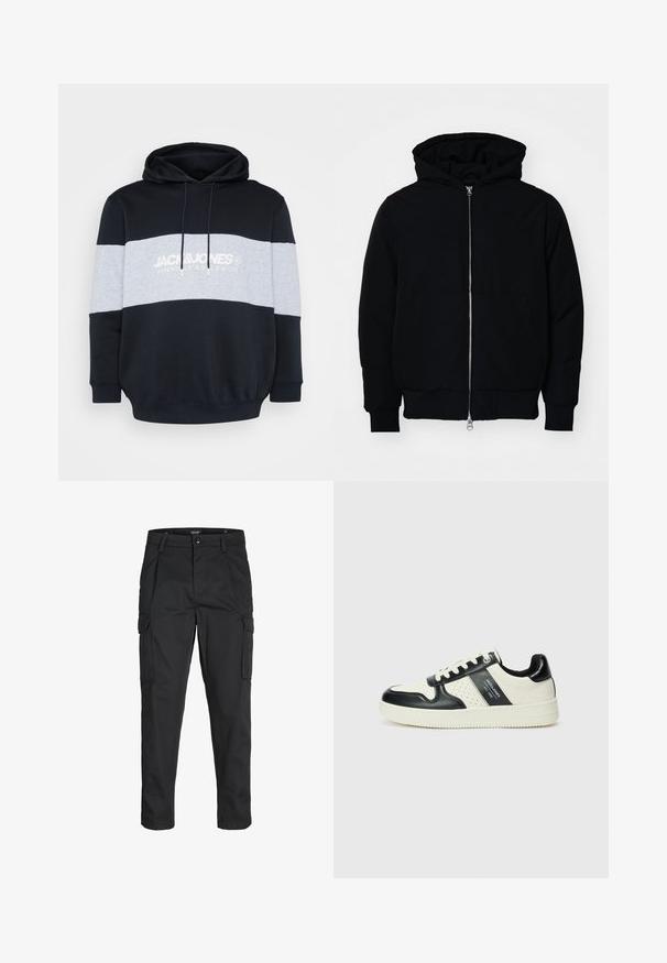 Black hooded jacket with front zipper, kangaroo pocket, ribbed cuffs, and hem, displayed on a plain white background.; Hooded sweatshirt featuring a black body, gray horizontal stripe, and white text logo. Made from soft cotton blend with ribbed cuffs and hem.; Black cargo pants made of sturdy fabric, featuring multiple pockets, a button closure, and a slim fit design with tapered legs.; Leather sneakers with a black and cream color scheme, featuring perforated accents, a padded collar, and a textured outsole.