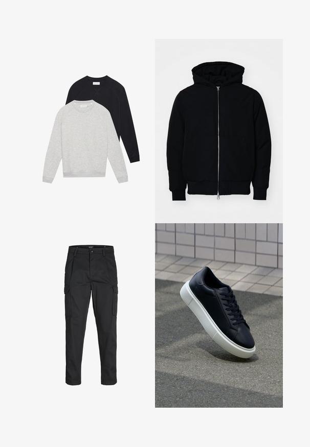 Črna kapuca jakna s sprednjim zadrgo, kenguru žepom, rebrastimi manšetami in hemom, razstavljena na enostavni beli ozadju.; Dve dolge majice s kratkimi rokavi, ena svetlo siva položena spredaj nad eno črno, obe z rebrastimi manšeti in robom.; Črne cargo hlače iz trdnega blaga, ki imajo več žepov, gumbasto zapiranje in ozek kroj z zožanimi nogami.; Črne usnjene superge z zaobljenim prstom in belim gumijastim podplat. Imajo ravne vezalke in minimalno šivanje na zgornjem delu. Teksturirani podplat za oprijem.