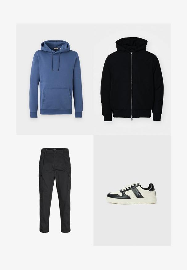 Svart huoodiejacka med framdragkedja, känguruficka, ribbade ärmslut och nederkant, uppställd mot en vit bakgrund.; Blå bomullshoodie med dragsko i huvan, framficka och ribbade muddar. Mjuk textur med enkel, enfärgad design.; Svarta cargobyxor tillverkade av hållbart tyg, med flera fickor, knappstängning och en smal passform med avsmalnande ben.; Läder sneakers med en svart och krämfärgad färgsättning, med perforerade detaljer, en vadderad krage och en strukturerad yttersula.