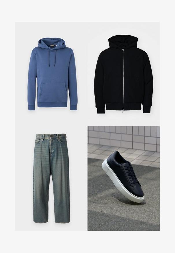 Czarna kurtka z kapturem, z suwakiem z przodu, kieszenią kangurką, ściągaczami przy mankietach i dolnym brzegu, prezentowana na jednolitym białym tle.; Niebieska bawełniana bluza z kapturem na sznurki, przednią kieszenią typu kangur oraz ściągaczami przy mankietach. Gładka tekstura z prostym, jednolitym kolorem.; Jasnoniebieskie dżinsy o luźnym kroju, średnim stanie i prostych nogawkach. Posiadają pięć kieszeni, szlufki na pasek oraz zapięcie na guzik.; Czarne skórzane sneakersy z okrągłym noskiem i białą gumową podeszwą. Posiadają płaskie sznurowadła i minimalne przeszycia na cholewce. Teksturowana podeszwa zapewnia przyczepność.