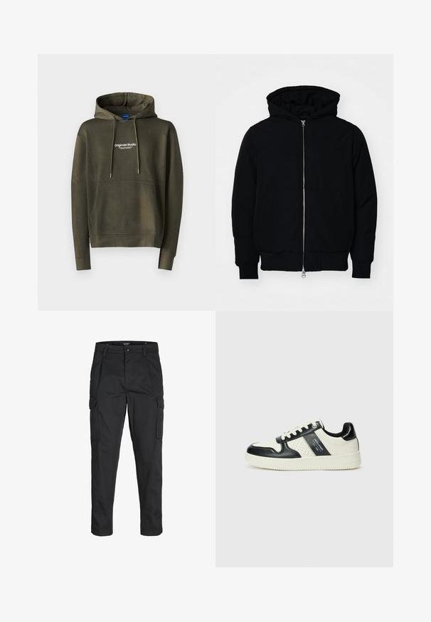 Juodas gobtuvėlis su priekiniu užtrauktuku, kengūros tipo kišene, lygiais rankogaliais ir apvadu, pateiktas ant vientiso balto fono.; Jack & Jones JORVESTERBRO - Džemperis su gobtuvu - khaki; Juodi krovinių tipo džinsai, pagaminti iš tvirto audinio, su keliais kišeniais, mygtuko uždarymu ir siauru, prigludusiu dizainu su siaurėjančiomis kojomis.; Odiniai sportbačiai juodos ir kreminės spalvų schemoje, su perforuotais akcentais, paminkštinta apykakle ir tekstūruotu padu.