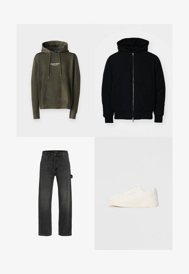 Sort hættejakke med frontlynlås, kængurulomme, ribbede manchetter og kant, præsenteret på en ensfarvet hvid baggrund.; Jack & Jones JORVESTERBRO - Sweatshirt - khaki; Mørk grå denim jeans med lige pasform, fem lommer, metalknaplukning og detaljer med sideliv.; Hvide slip-on sneakers med en struktureret overflade, en tyk sål og et minimalistisk design. Har brandlogoet på siden.
