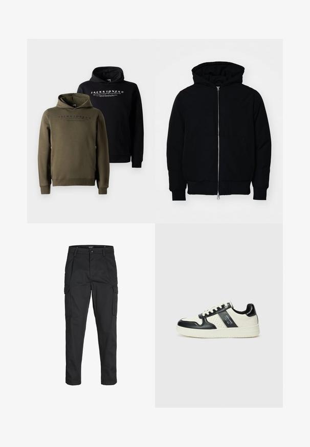 Juodas gobtuvėlis su priekiniu užtrauktuku, kengūros tipo kišene, lygiais rankogaliais ir apvadu, pateiktas ant vientiso balto fono.; Juodos ir alyvinės žaliai spalvos džemperiai su priekinėmis kišenėmis, su raišteliu reguliuojamu gobtuvu ir spausdintu logotipu ant krūtinės. Minkšta, lygi medžiaga.; Juodi krovinių tipo džinsai, pagaminti iš tvirto audinio, su keliais kišeniais, mygtuko uždarymu ir siauru, prigludusiu dizainu su siaurėjančiomis kojomis.; Odiniai sportbačiai juodos ir kreminės spalvų schemoje, su perforuotais akcentais, paminkštinta apykakle ir tekstūruotu padu.
