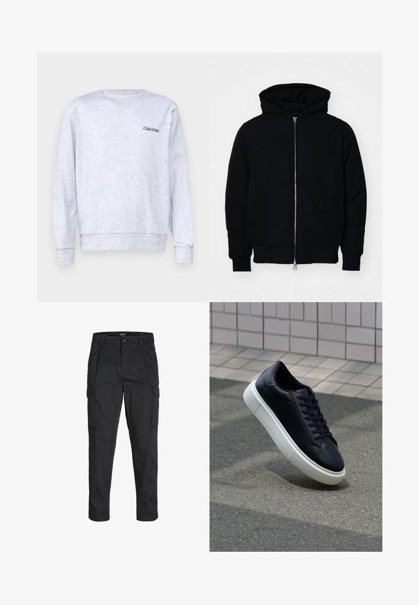 Sort hættejakke med frontlynlås, kængurulomme, ribbede manchetter og kant, præsenteret på en ensfarvet hvid baggrund.; Grå sweatshirt lavet af bomuldsblanding, med rund halsudskæring, der har en lille sort "Club1990" tekst på venstre brystområde.; Sorte cargo-bukser lavet af slidstærkt stof, der har flere lommer, en knaplukning og et slim fit design med smalle ben.; Sort lædersneaker med rund tå og hvid gummisål. Har flade snørebånd og minimal syning på overdelen. Tekstureret sål for bedre greb.