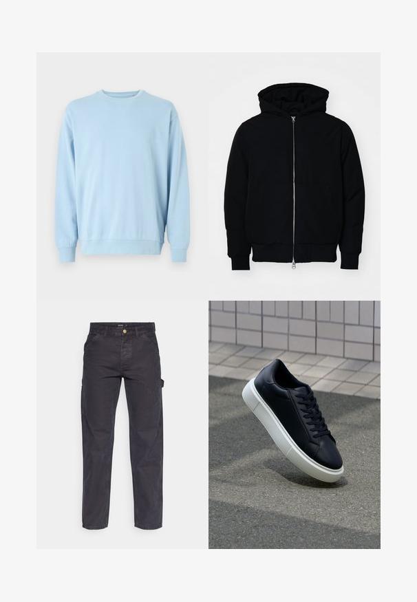 Giacca nera con cappuccio, dotata di zip frontale, tasca a marsupio, polsini e orlo a coste, esposta su uno sfondo bianco semplice.; Felpa azzurro chiaro con maniche lunghe, scollo a girocollo, tessuto morbido, polsini e orlo a coste, con un design semplice e senza ornamenti.; Pantaloni cargo grigio scuro realizzati in tessuto resistente, con un taglio dritto, cinque tasche e chiusura a bottoni in vita.; Sneaker in pelle nera con punta arrotondata e suola in gomma bianca. Presenta lacci piatti e cuciture minime sulla parte superiore. Suola testurizzata per una migliore aderenza.