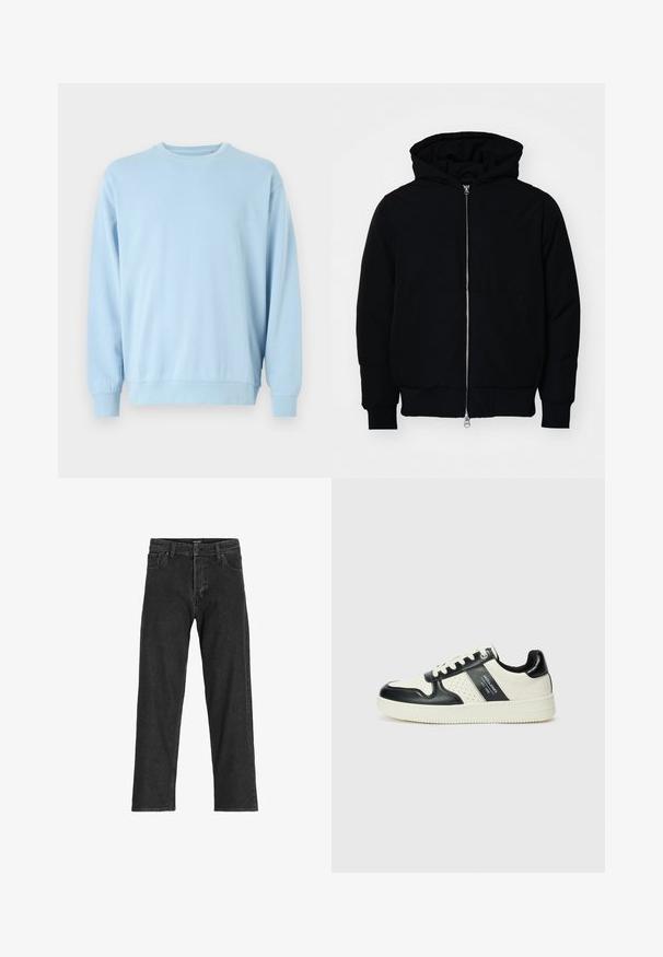 Juodas gobtuvėlis su priekiniu užtrauktuku, kengūros tipo kišene, lygiais rankogaliais ir apvadu, pateiktas ant vientiso balto fono.; Šviesiai mėlynas džemperis su ilgomis rankovėmis, apvaliu iškirpimu, minkšta medžiaga, raukiniai ant rankovių ir apatinės dalies, pasižymintis paprastu, nesudėtingu dizainu.; Juoda džinsinė kelnė su tiesaus kirpimo dizainu, su užtrauktuku, diržo kilpomis ir šešiais kišenėmis, pagaminta iš tvirto medvilnės mišinio.; Odiniai sportbačiai juodos ir kreminės spalvų schemoje, su perforuotais akcentais, paminkštinta apykakle ir tekstūruotu padu.