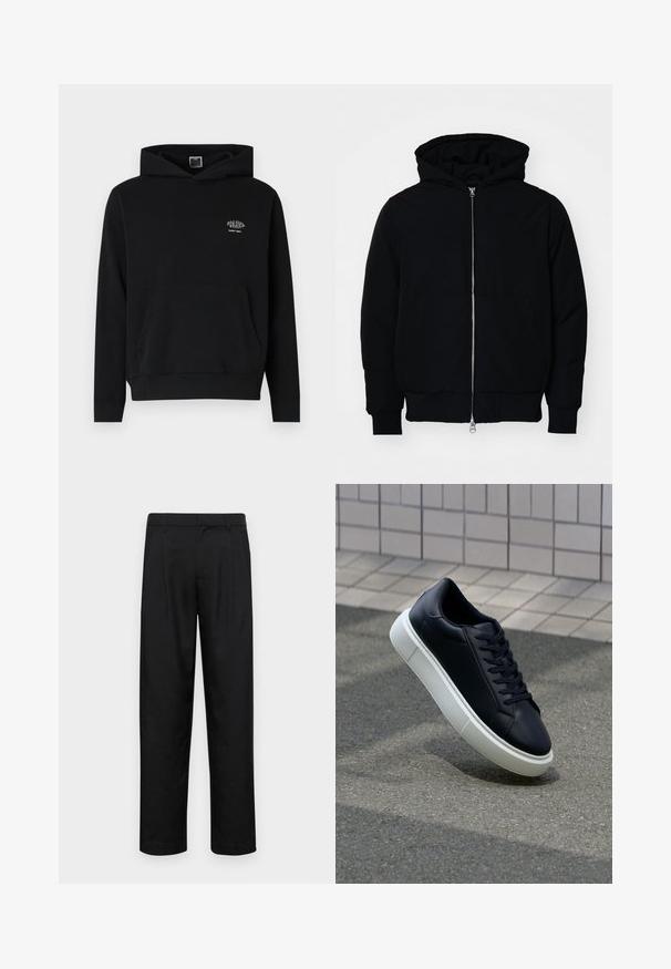 Schwarze Kapuzenjacke mit Frontreißverschluss, Kängurutasche, gerippten Bündchen und Saum, auf einem schlichten weißen Hintergrund präsentiert.; Schwarzer Hoodie aus weichem Stoff mit einerFronttasche und einer Kapuze mit Zugband. Hat ein kleines weißes Logo auf der Brust.; Schwarze Hose aus glattem Stoff, mit geradem Bein Design, zwei vorderen Falten und einem Standardbund mit Gürtelschlaufen.; Schwarze Leder-Sneaker mit runder Zehenpartie und weißer Gummisohle. Verfügt über flache Schnürsenkel und minimale Nähte im Obermaterial. Strukturiertes Sohlenprofil für besseren Halt.