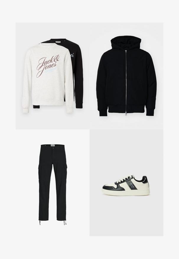 Svart hettejakke med frontglidelås, kengurulomme, ribbestrikket mansjetter og søm, vist på en ensfarget hvit bakgrunn.; Sett med to hettegensere; en lysegrå med brune og blå bokstaver, og en svart. Begge har lange ermer og ribbestrikkede mansjetter.; Svarte cargo-bukser med rett snitt, med sidelommer, knappelukking og elastiske snorer ved anklene. Laget av slitesterkt stoff.; Lædersneakers med sort og creme farveskema, der har perforerede detaljer, en polstret krave og en struktureret ydersål.