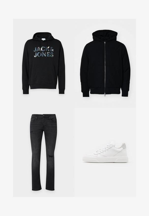 Črna kapuca jakna s sprednjim zadrgo, kenguru žepom, rebrastimi manšetami in hemom, razstavljena na enostavni beli ozadju.; Črna kapuca s črto za zategovanje. Na sprednji strani se ponaša z velikim, vzorčastim logotipom "JACK & JONES". Material izgleda mehak z gladko teksturo.; Črne denim hlače slim fit, z vidnimi obrabljenimi predeli na kolenih, petimi žepi ter standardnim zapiranjem na gumb in zadrgo.; Bele usnjene športne copate z gladkim zaključkom, okroglo konico, ravnimi vezalkami in teksturiranim podplatom. Sivi semiš detajl na peti.
