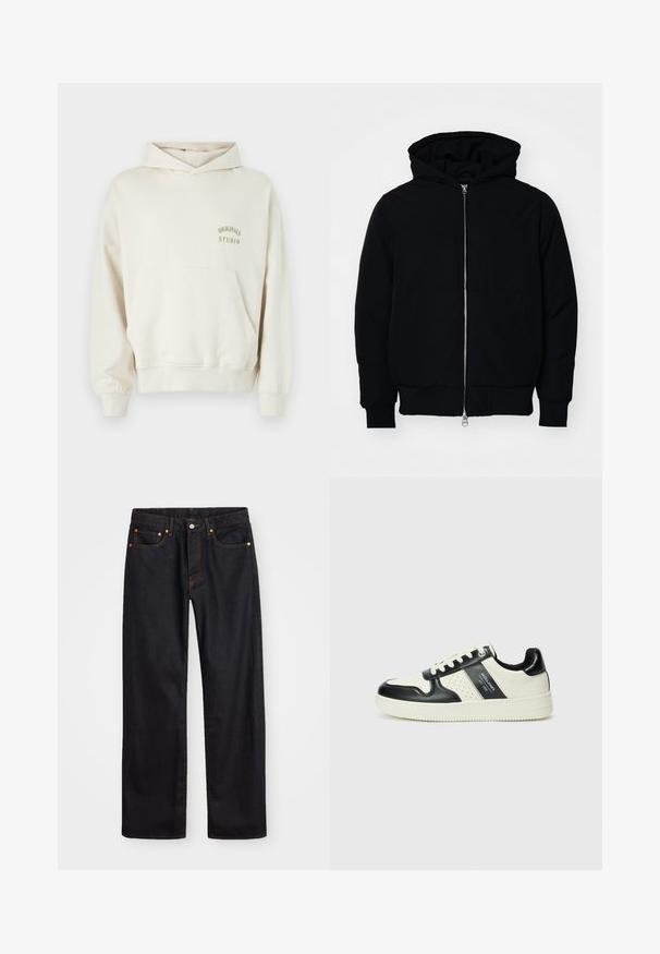 Giacca nera con cappuccio, dotata di zip frontale, tasca a marsupio, polsini e orlo a coste, esposta su uno sfondo bianco semplice.; Felpa color crema con tasca frontale, polsini e orlo a coste. Presenta la scritta "ORIGINALS STUDIO" in stampa dorata sul lato sinistro del petto.; Jeans neri in denim dritto da uomo con cinque tasche e cuciture arancioni, chiusura con bottone e zip sulla vita anteriore.; Sneakers in pelle con una combinazione di colori nero e crema, dotati di dettagli perforati, collare imbottito e suola testurizzata.