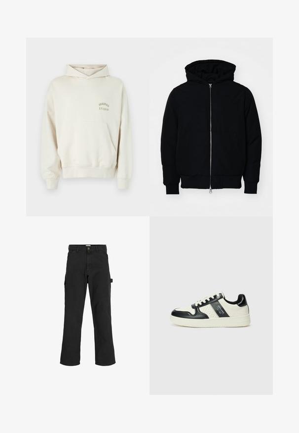 Zwarte hoodie met rits aan de voorkant, kangoeroe-pocket, geribbelde manchetten en zoom, weergegeven op een effen witte achtergrond.; Crème kleurige hoodie met een voorzak, geribde manchetten en onderkant. Voorzien van "ORIGINALS STUDIO" in gouden print op de linkerkant van de borst.; Zwarte cargobroek van een katoenmix. Heeft wijde pijpen, schuin voorzakken en een zijzak met een lus voor accessoires.; Leren sneakers met een zwart en crèmekleurig kleurenschema, voorzien van geperforeerde accenten, een gevoerde kraag en een gestructureerde buitenzool.