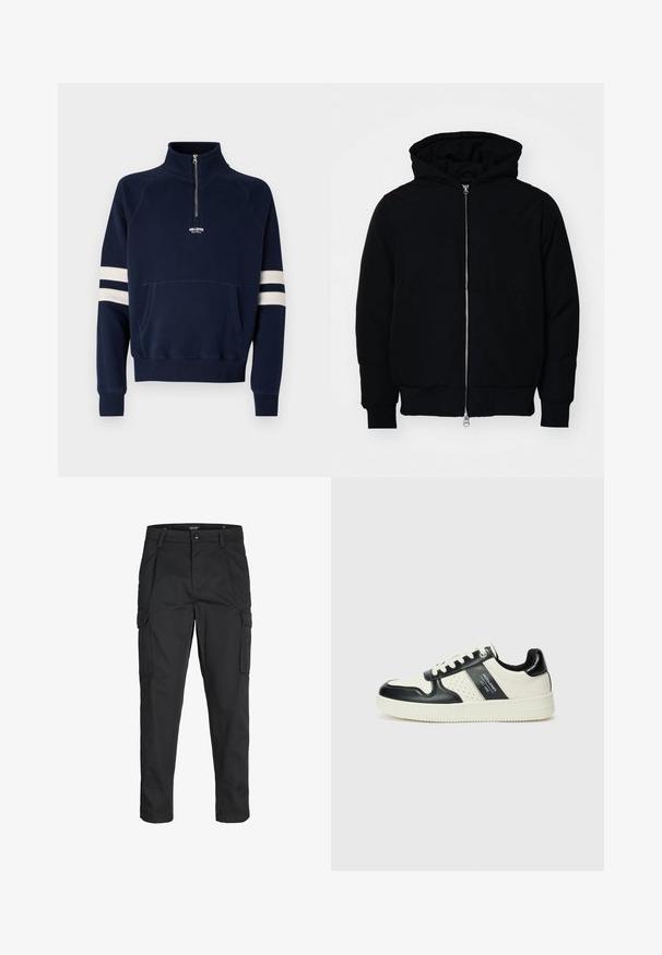 Jachetă neagră cu glugă, cu fermoar în față, buzunar tip kangaroo, mansete și tiv ribbed, prezentată pe un fundal alb simplu.; Sweatshirt bleumarin cu guler cu jumătate de fermoar, buzunar tip kangaroo și dungi albe pe mâneci. Fabricat dintr-un material moale; are un logo brodat.; Pantaloni cargo negri dintr-un material rezistent, cu multiple buzunare, închidere cu nasture și un design slim fit cu picioare conice.; Tenisi din piele cu un scheme de culori negru și crem, dotati cu accente perforate, guler căptușit și o talpă texturată.