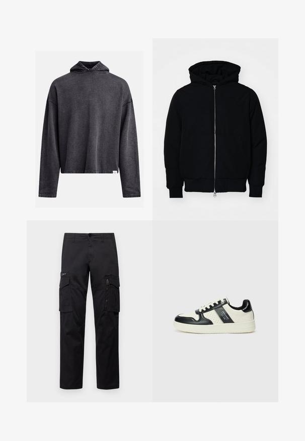 Svart hettejakke med frontglidelås, kengurulomme, ribbestrikket mansjetter og søm, vist på en ensfarget hvit bakgrunn.; Svart cropped hettegenser laget av myk, teksturert stoff. Har snor i hetten, lange ermene og synlig søm langs kantene.; Sorte cargo bukser med flere lommer, en lynlåslomme på låret, rett passform og solid bomullsstoff med lett glans.; Lædersneakers med sort og creme farveskema, der har perforerede detaljer, en polstret krave og en struktureret ydersål.