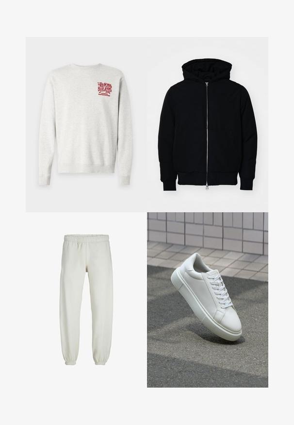 Čierna kapucňová bunda s predným zipsom, klokaními vreckami, rebrovanými manžetami a lemom, zobrazená na bielom pozadí.; Sivý bavlnený sveter s rebrovanými manžetami a lemom, s červenou potlačou značky na hrudi. Klasický dizajn s okrúhlym výstrihom.; Biele teplákové nohavice vyrobené z mäkkej textílie, s elastickým pásom a manžetami, s hladkým povrchom a voľným strihom.; Biele kožené tenisky s hladkým povrchom, okrúhlym špičkou a plochými bielymi šnúrkami. Obsahuje štruktúrovanú gumovú podrážku a minimalistický dizajn.