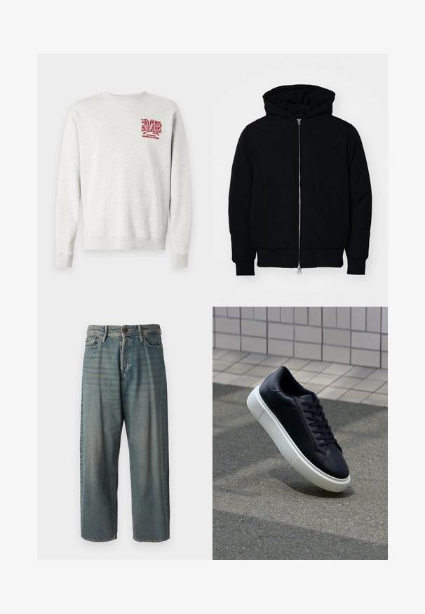 Black hooded jacket with front zipper, kangaroo pocket, ribbed cuffs, and hem, displayed on a plain white background.; Gray cotton sweatshirt featuring ribbed cuffs and hem, with red printed branding on the chest. Classic crew neck design.; Light blue denim jeans with a loose fit, mid-rise waist, and straight legs. Features five pockets, belt loops, and a button closure.; Black leather sneaker with rounded toe and white rubber sole. Features flat laces and minimal stitching on the upper. Textured sole for grip.