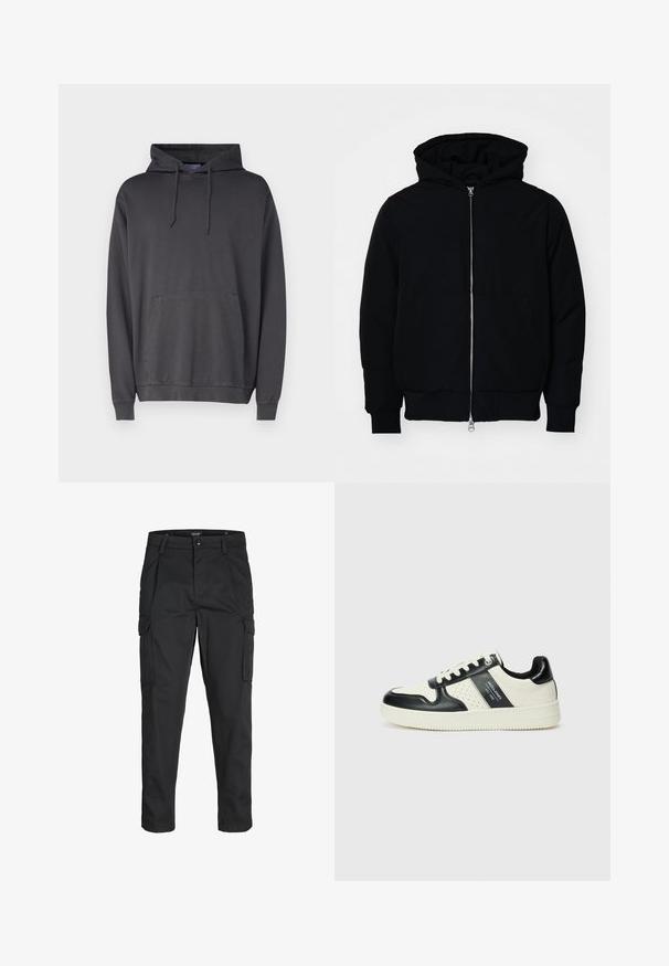 Schwarze Kapuzenjacke mit Frontreißverschluss, Kängurutasche, gerippten Bündchen und Saum, auf einem schlichten weißen Hintergrund präsentiert.; Grauer Hoodie aus weichem Stoff, mit einer vorderen Kängurutasche, Kapuze mit Kordeln und gerippten Bündchen und Saum.; Schwarze Cargo-Hose aus robustem Material, mit mehreren Taschen, einem Knopfverschluss und einem Slim-Fit-Design mit schmal zulaufenden Beinen.; Leder-Sneaker in Schwarz- und Cremetönen, mit perforierten Akzenten, einem gepolsterten Kragen und einer strukturierten Laufsohle.