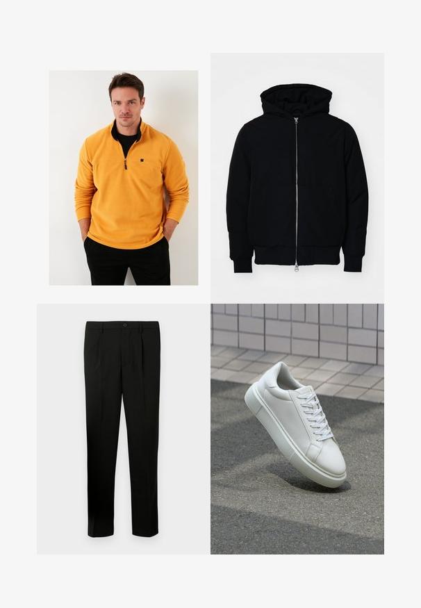Crna kapuška jakna s prednjim zatvaračem, kenguru džepom, rebrastim manžetama i rubom, prikazana na običnoj bijeloj pozadini.; Žuta polarna majica s četvrtastim patent zatvaračem, s crnim izvezenim logom lista na prsima i rebrastim manžetama.; Crne krojene hlače s ravnim prednjim dijelom, dva nabora, kopčanjem na gumb, bočnim džepovima i ravnim nogavicama. Izrađene su od glatkog materijala.; Bijela kožna tenisica s glatkom površinom, okruglim vrhom i ravnim bijelim vezicama. Ima teksturiran gumeni potplat i minimalne dizajnerske elemente.