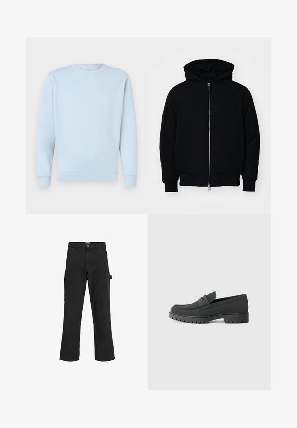 Melna kapucēta jaka ar priekšējo rāvējslēdzēju, kenguru kabatu, ribinātām aprocēm un apakšmalu, parādīta uz vienkārša balta fona.; Gai zils džemperis, kas izgatavots no maiga kokvilnas, ar apaļu kakla izgriezumu, ribotām piedurknēm un apakšmalu. Gluda tekstūra, bez rakstiem vai rotājumiem.; Melnas cargo bikses no kokvilnas maisījuma auduma. Iekļauj plašas kājas, priekšējās slīpās kabatas un sānu kabatu ar cilpu aksesuāriem.; Melna loafers kurpe ar gludu, matētu apdari, ar noapaļotu purngalu un biezu, teksturētu zoli. Akcentēta ar priekšējo siksnu.