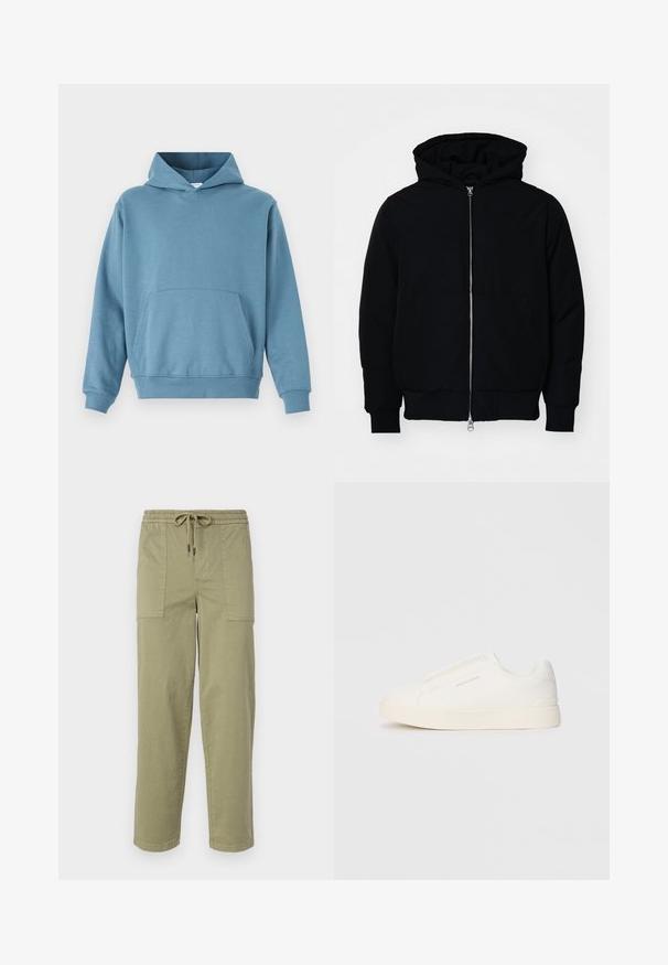 Svart hettejakke med frontglidelås, kengurulomme, ribbestrikket mansjetter og søm, vist på en ensfarget hvit bakgrunn.; Blå bomullshoodie med lommer foran, lange ermer og snor i hetten. Glatt tekstur og ribbestrikkede mansjetter i kanten og på ermene.; Lys olivengrønne bukser laget av bomullsblandingsstoff, med elastisk midje og snor, samt to store sidelommer.; Hvite slip-on joggesko med teksturert overflate, tykk såle og minimalistisk design. Har merkevarelogo på siden.