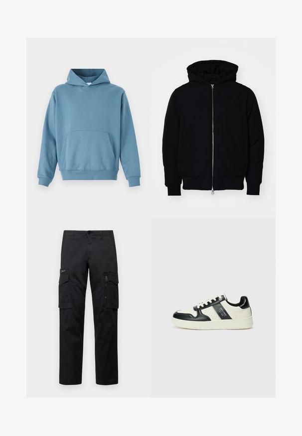 Čierna kapucňová bunda s predným zipsom, klokaními vreckami, rebrovanými manžetami a lemom, zobrazená na bielom pozadí.; Modrá bavlnená mikina s kapucňou, predným vreckom, dlhými rukávmi a šnúrkou na kapucni. Hladká textúra a rebrované manžety na leme a rukávoch.; Čierne cargo nohavice so zlato-všitém množstvom vreciek, zipsom na stehne, rovného strihu a odolnou bavlnenou tkaninou s jemným leskom.; Kožené tenisky v čierno-krémovej farbe, s perforovanými akcentmi, polstrovaným golierom a štruktúrovanou podrážkou.