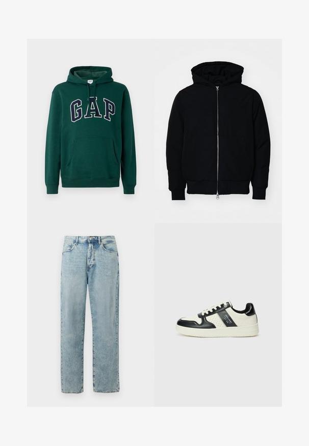 Črna kapuca jakna s sprednjim zadrgo, kenguru žepom, rebrastimi manšetami in hemom, razstavljena na enostavni beli ozadju.; Zelena kapuča iz mešanice bombaža, s kengurujskim žepom, kapuco s vrvico in velikim logotipom "GAP" v belem in mornarsko modrem pisavi.; Svijetloplave traperice ravnog kroja s gumbom i zatvaračem, prednjim džepovima i suptilnim izblijedjelim detaljima.; Usnjeni športni čevlji z črno in krem barvno shemo, ki vključujejo perforirane dodatke, podložen ovratnik in strukturirano podplat.