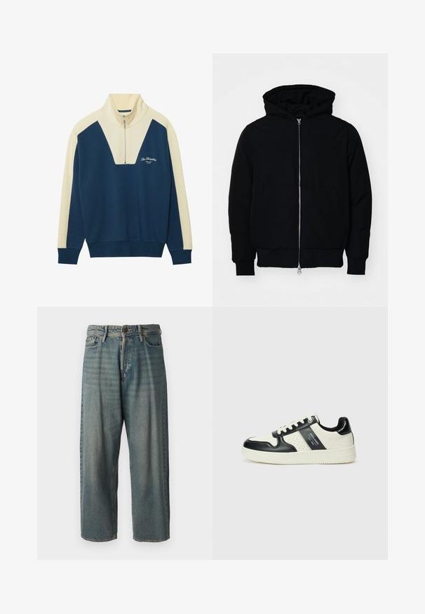 Black hooded jacket with front zipper, kangaroo pocket, ribbed cuffs, and hem, displayed on a plain white background.; Navy and cream pullover sweater with a half-zip collar, featuring a V-shaped design and logo text on the chest. Soft cotton blend material.; Light blue denim jeans with a loose fit, mid-rise waist, and straight legs. Features five pockets, belt loops, and a button closure.; Leather sneakers with a black and cream color scheme, featuring perforated accents, a padded collar, and a textured outsole.