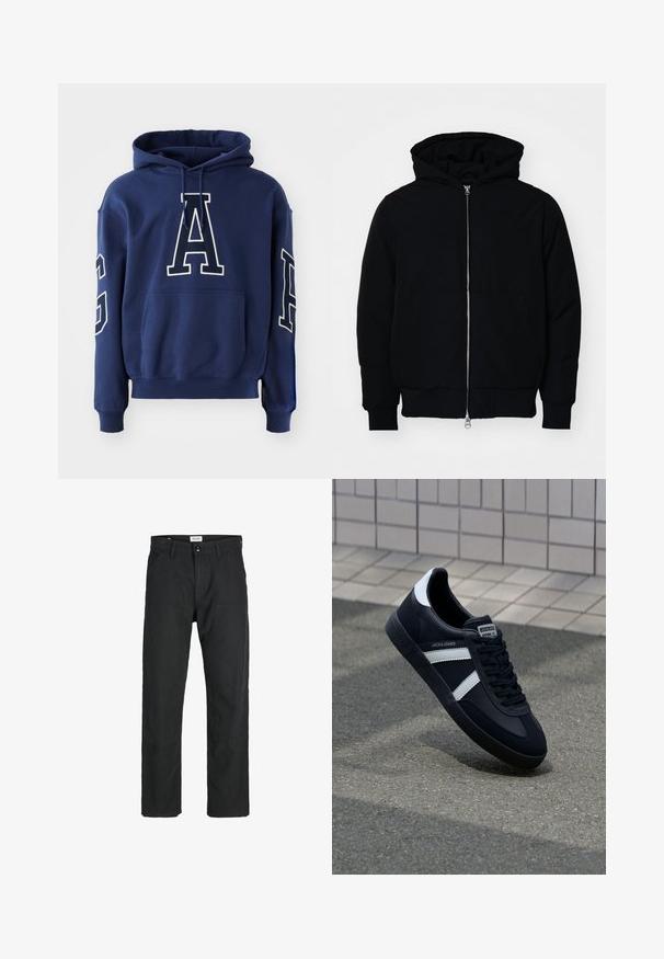 Schwarze Kapuzenjacke mit Frontreißverschluss, Kängurutasche, gerippten Bündchen und Saum, auf einem schlichten weißen Hintergrund präsentiert.; Marineblaues Hoodie mit Kängurutasche, versehen mit weiß gestickten Buchstaben "G" und "A" auf der Vorderseite und dem Ärmel, aus einem weichen Stoff gefertigt.; Schwarzes T-Shirt aus Baumwolle mit kurzen Ärmeln. Auf der Vorderseite befindet sich ein grünes "ROOTS"-Logo, es hat einen runden Halsauschnitt und eine normale Passform.; Schwarze Hosen aus strapazierfähigem Stoff, mit geradem Bein, genähten Akzenten und zwei vorderen Taschen für Funktionalität.; Schwarze Leder-Sneaker mit weißen Streifen, strukturiertem Gummisohle und Schnürung. Verfügt über ein Markenetikett auf der Zunge.