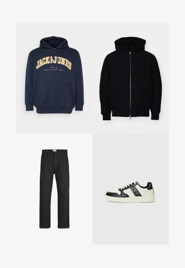 Czarna kurtka z kapturem, z suwakiem z przodu, kieszenią kangurką, ściągaczami przy mankietach i dolnym brzegu, prezentowana na jednolitym białym tle.; Granatowy hoodie z przednią kieszenią kangurką, sznurkami oraz odważnym żółtym napisem graficznym "JACK & JONES" nad "EST. 1990" i "WORLDWIDE."; Czarne spodnie wykonane z trwałego materiału, z prostym krojem nóg, przeszyciami i dwiema przednimi kieszeniami dla funkcjonalności.; Skórzane sneakersy w czarno-kremowym schemacie kolorystycznym, z perforowanymi akcentami, wyściełanym kołnierzem i teksturowaną podeszwą.