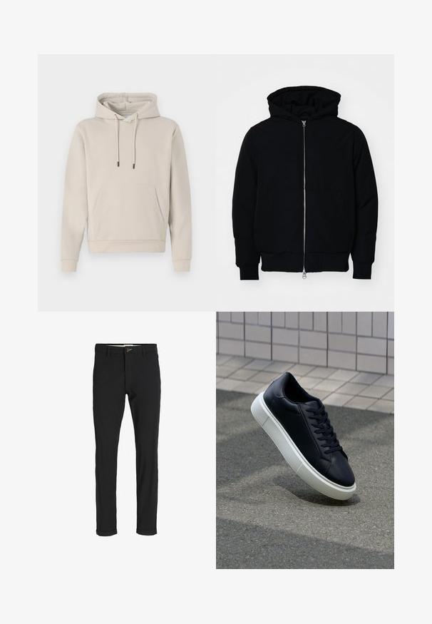 Giacca nera con cappuccio, dotata di zip frontale, tasca a marsupio, polsini e orlo a coste, esposta su uno sfondo bianco semplice.; Felpa con cappuccio in beige chiaro, dotata di tasca frontale, cordini e polsini a costine. Realizzata in tessuto morbido e liscio con una vestibilità comoda.; Pantaloni neri in cotone misto con vestibilità slim, dotati di chiusura con bottone, tasche e orli arrotolati per un look informale.; Sneaker in pelle nera con punta arrotondata e suola in gomma bianca. Presenta lacci piatti e cuciture minime sulla parte superiore. Suola testurizzata per una migliore aderenza.