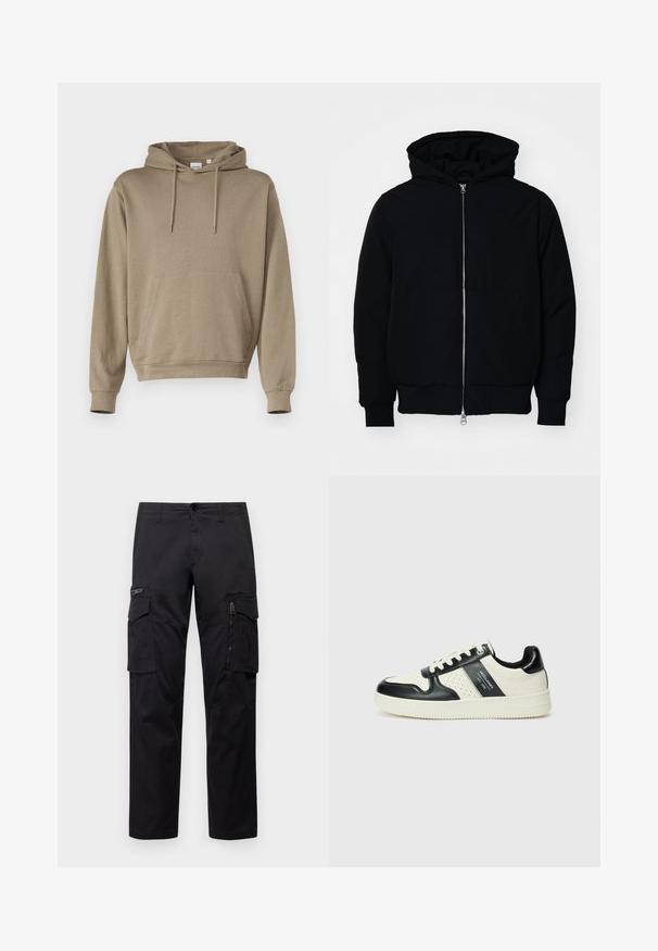 Giacca nera con cappuccio, dotata di zip frontale, tasca a marsupio, polsini e orlo a coste, esposta su uno sfondo bianco semplice.; Felpa con cappuccio in tessuto marrone chiaro, con tasca a marsupio frontale, polsini a costine e un design dalla vestibilità rilassata.; Pantaloni cargo neri con multiple tasche, tasca con zip sulla coscia, vestibilità dritta e in resistente cotone con un leggero lucido.; Sneakers in pelle con una combinazione di colori nero e crema, dotati di dettagli perforati, collare imbottito e suola testurizzata.