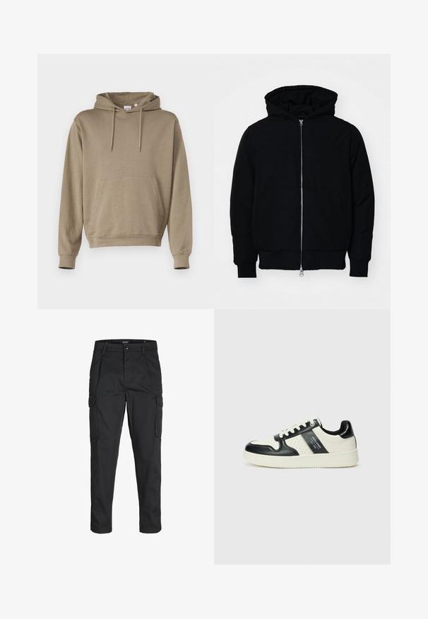 Črna kapuca jakna s sprednjim zadrgo, kenguru žepom, rebrastimi manšetami in hemom, razstavljena na enostavni beli ozadju.; Kapucar v svetlosmeđem materialu, s prednjim kenguru džepom, rebrastim rukavima i opuštenim krojem.; Črne cargo hlače iz trdnega blaga, ki imajo več žepov, gumbasto zapiranje in ozek kroj z zožanimi nogami.; Usnjeni športni čevlji z črno in krem barvno shemo, ki vključujejo perforirane dodatke, podložen ovratnik in strukturirano podplat.