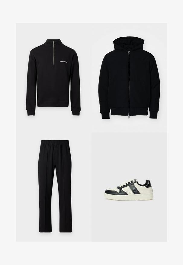 Svart hettejakke med frontglidelås, kengurulomme, ribbestrikket mansjetter og søm, vist på en ensfarget hvit bakgrunn.; Svart genser med kvart glidelås og høy krage, med hvit brodert tekst "Originals Canada" på venstre brystområde.; Svart, elastisk midjebukser med rett ben-design, med en glatt tekstur og uten synlige mønstre eller maskinvare.; Lædersneakers med sort og creme farveskema, der har perforerede detaljer, en polstret krave og en struktureret ydersål.