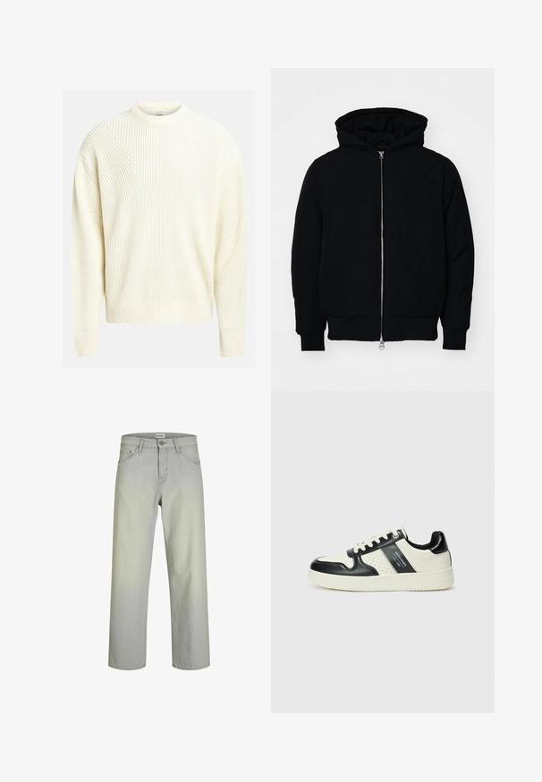 Schwarze Kapuzenjacke mit Frontreißverschluss, Kängurutasche, gerippten Bündchen und Saum, auf einem schlichten weißen Hintergrund präsentiert.; Helle cremefarbene Strickjacke mit gerippter Textur, Rundhalsausschnitt und lässig fallenden Schultern; bietet eine entspannte Passform und eine einheitliche Farbe.; Hellgraue, gerade geschnittene Jeans mit einem klassischen Fünf-Taschen-Design, Knopfverschluss und Gürtelschlaufen. Hergestellt aus Denim-Stoff mit glatter Textur.; Leder-Sneaker in Schwarz- und Cremetönen, mit perforierten Akzenten, einem gepolsterten Kragen und einer strukturierten Laufsohle.