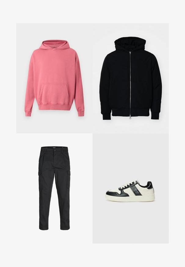 Black hooded jacket with front zipper, kangaroo pocket, ribbed cuffs, and hem, displayed on a plain white background.; Pink hooded sweatshirt with a kangaroo pocket, ribbed cuffs, and hem. Made from soft, textured fabric. Simple design, no visible logos or patterns.; Black cargo pants made of sturdy fabric, featuring multiple pockets, a button closure, and a slim fit design with tapered legs.; Leather sneakers with a black and cream color scheme, featuring perforated accents, a padded collar, and a textured outsole.