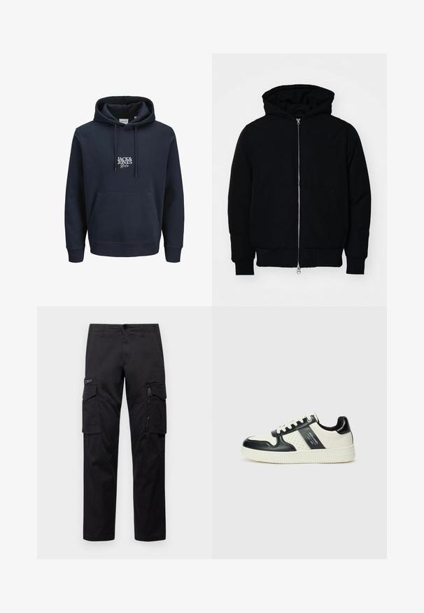 Mustaga kapuutsiga jakk, millel on esineed, kenguru tasku, soonikkoes, ja alläär, esitatud lihtsal valgel taustal.; Tumed sinine kapuutsiga dressipluus, millel on nööriga kapuuts, ees kangaroo-tasku ning valge tikitud logo "JACK & JONES" rinna piirkonnas. Pehme materjal.; Mustad mustree püksid, millel on mitu taskut, lukuulukuga tasku reie peal, sirge lõige ja tugevast puuvillast materjal, millel on kerge läige.; Nahatud nahkkingad musta ja kreemi värviskeemiga, millel on perforeeritud aktsendid, pehme krae ja tekstureeritud tallad.