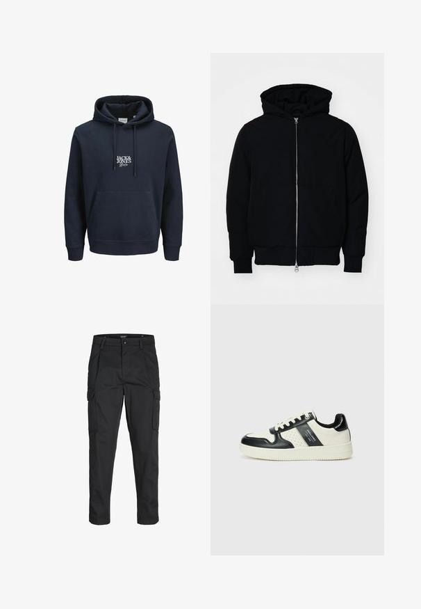 Mustaga kapuutsiga jakk, millel on esineed, kenguru tasku, soonikkoes, ja alläär, esitatud lihtsal valgel taustal.; Tumed sinine kapuutsiga dressipluus, millel on nööriga kapuuts, ees kangaroo-tasku ning valge tikitud logo "JACK & JONES" rinna piirkonnas. Pehme materjal.; Mustad mustapõlvik, mis on valmistatud tugeva koe kasutades, sisaldab mitmeid taskuid, nupule kinnitatav sulgemine ja kitsenev disain.; Nahatud nahkkingad musta ja kreemi värviskeemiga, millel on perforeeritud aktsendid, pehme krae ja tekstureeritud tallad.